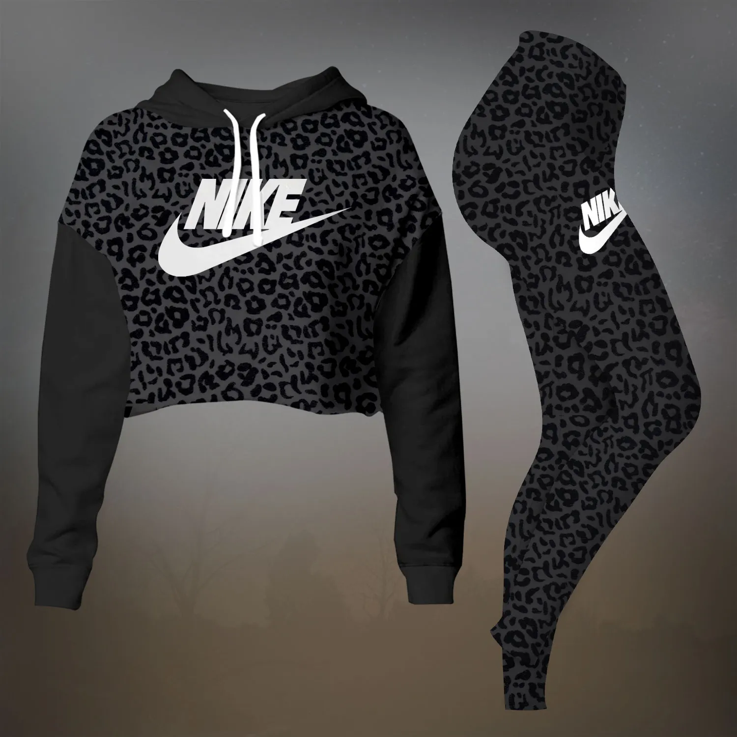 Nike Leopard Premium Cropped Hoodie Leggings Set For Women