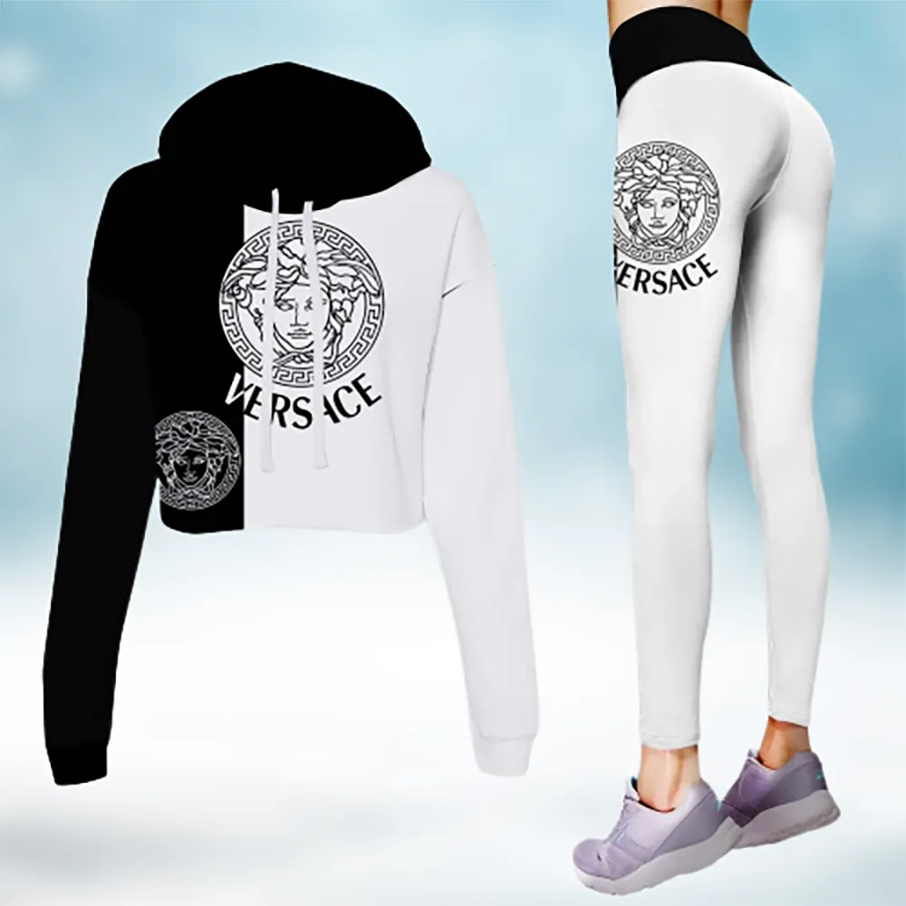 Versace Premium Cropped Hoodie And Leggings Set Winter Clothes Black