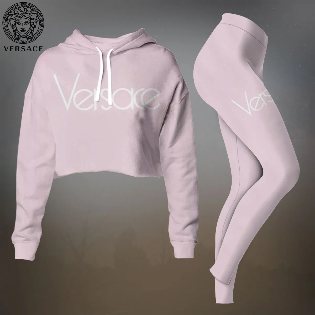 Versace Premium Cropped Hoodie Leggings Set For Women Baby Pink Winter Clothes
