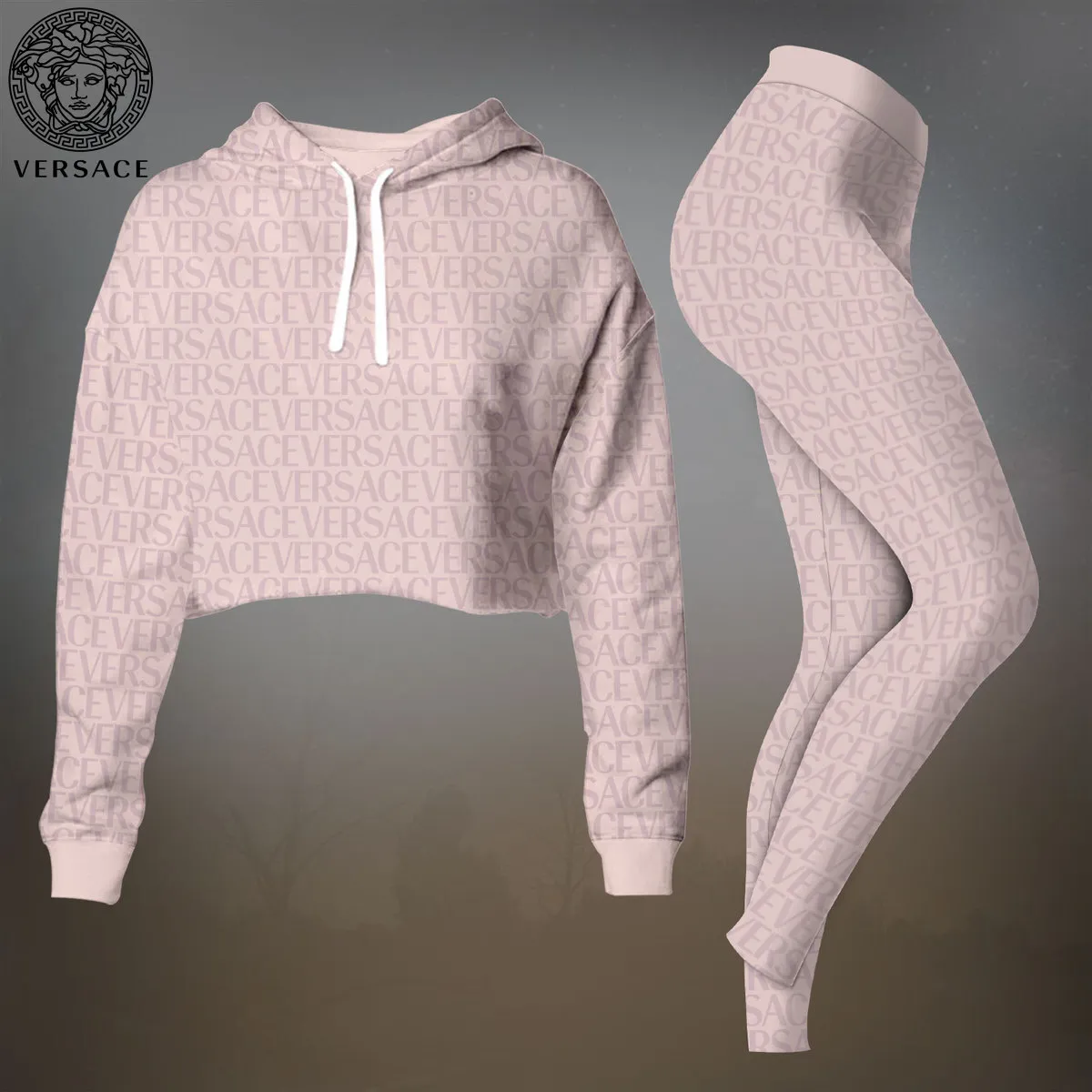 Versace Baby Pink Premium Cropped Hoodie Leggings Set For Women