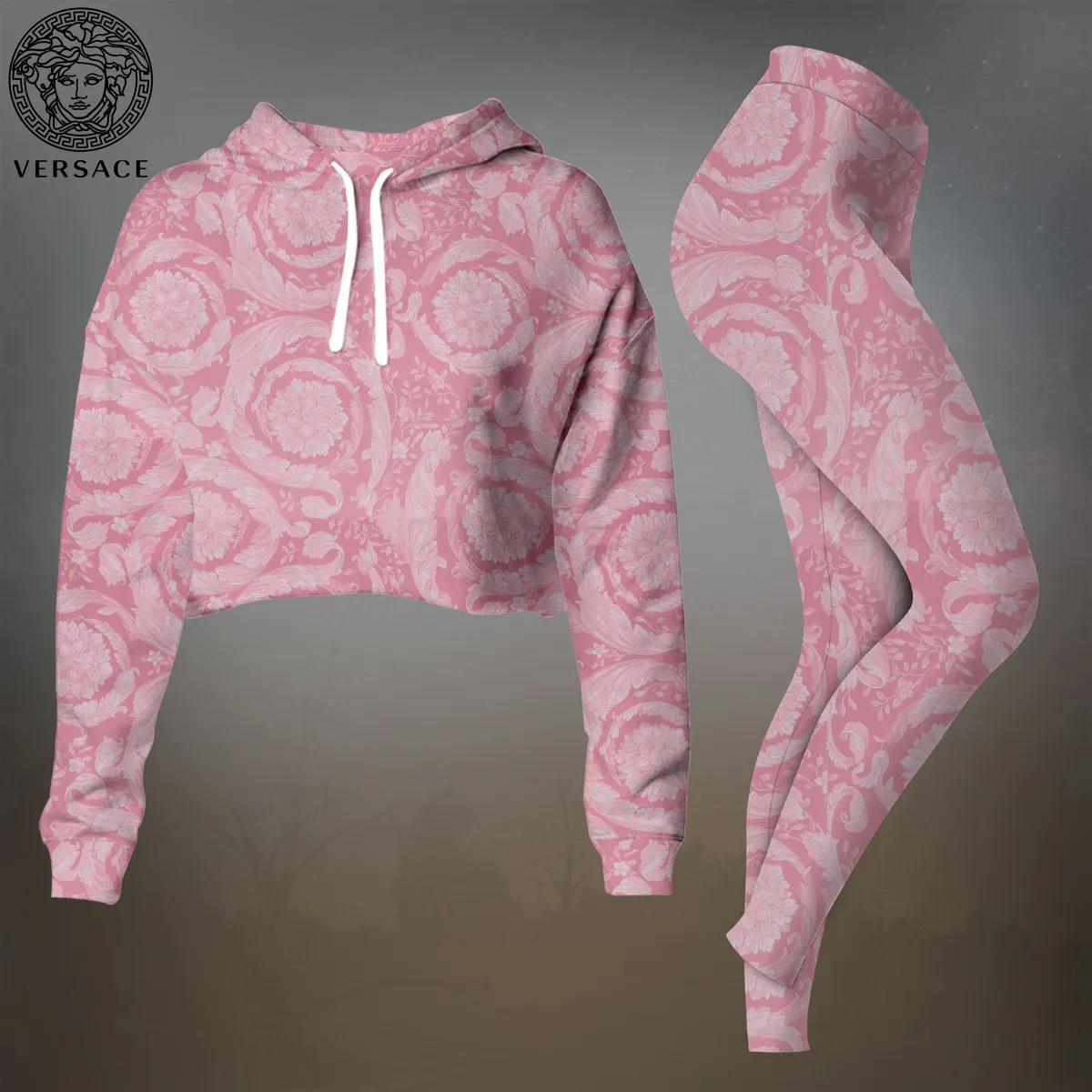 Versace Pink Premium Cropped Hoodie Leggings Set For Women Winter Clothes