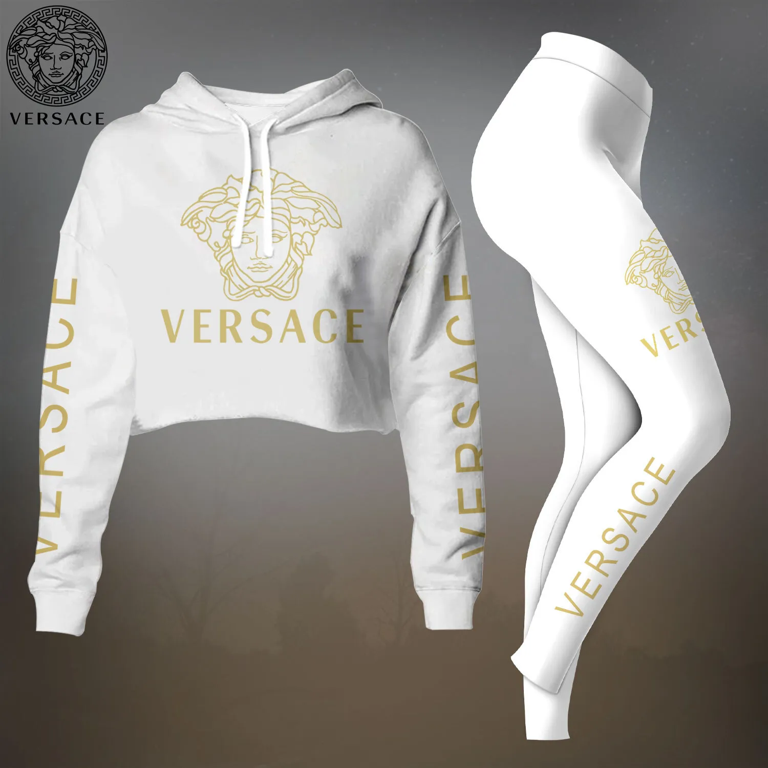 Versace Whwite Premium Cropped Hoodie Leggings Set For Women