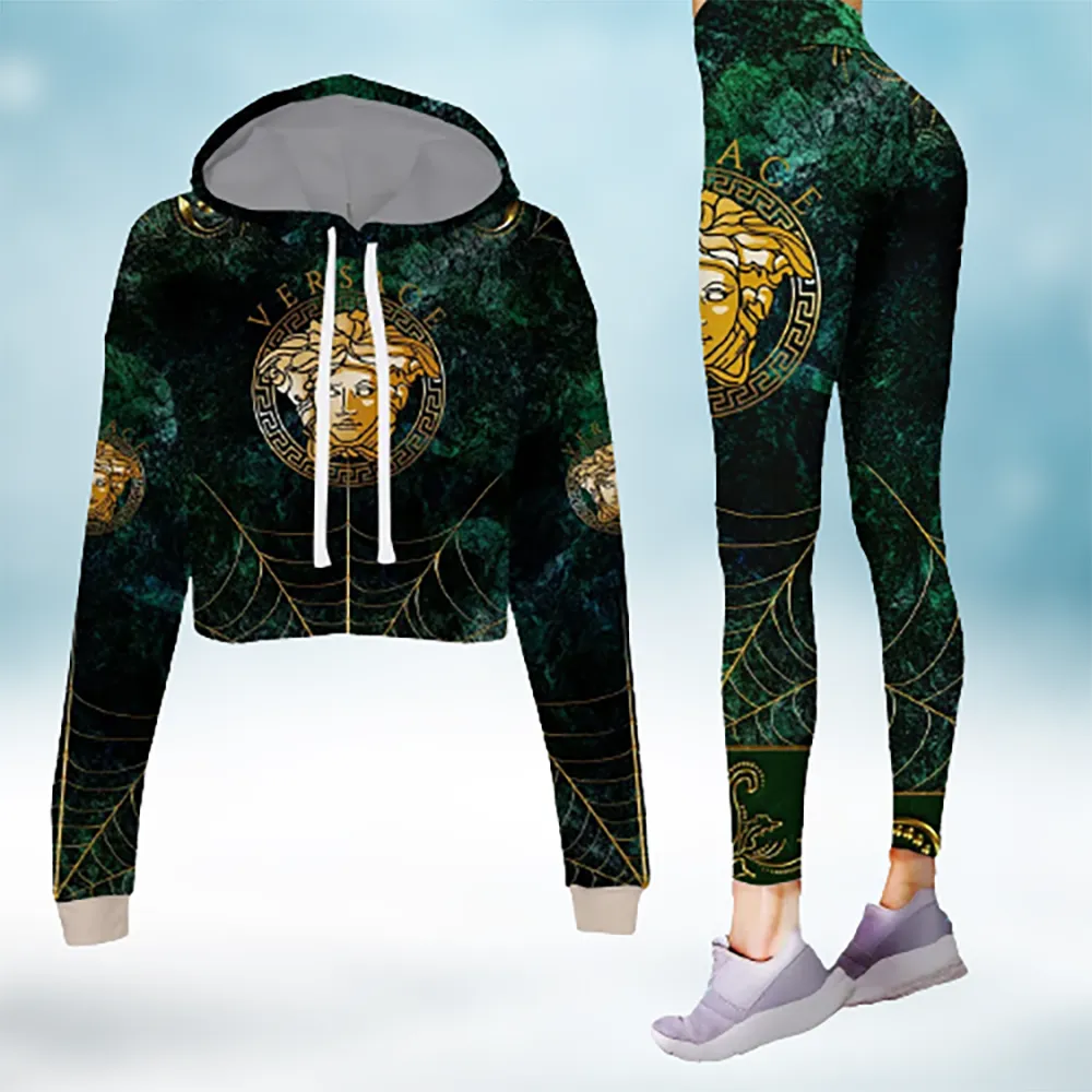 Versace Premium Cropped Hoodie And Leggings Set Winter Clothes