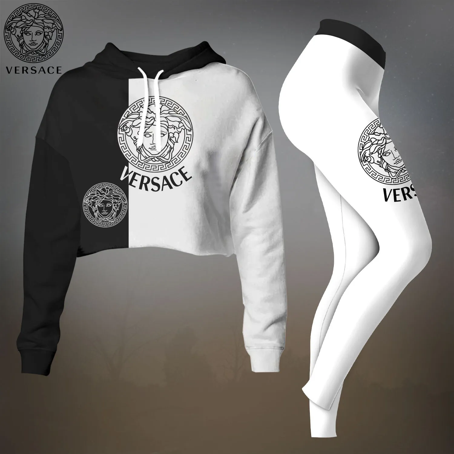 Versace Premium Cropped Hoodie Leggings Set For Women White Winter Clothes