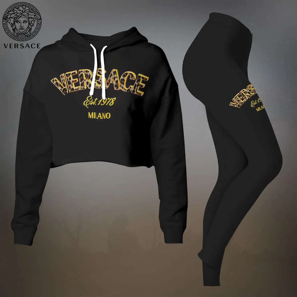 Versace Logo Leopard Premium Cropped Hoodie Leggings Set For Women