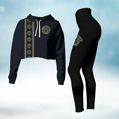 Versace Premium Cropped Hoodie And Leggings Set Black Winter Clothes