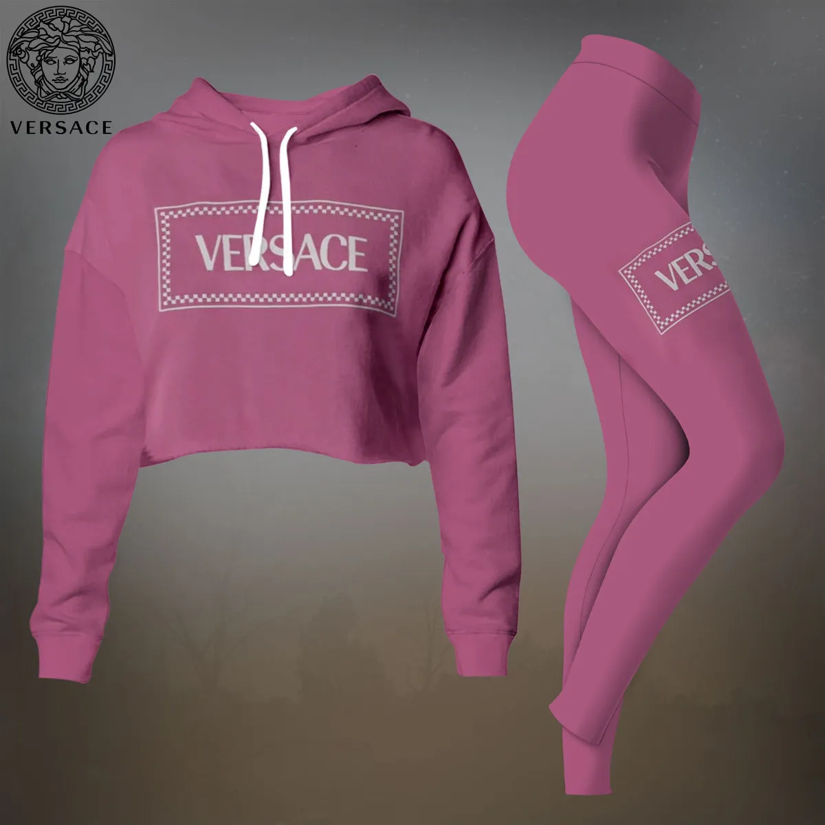 Versace Pink Premium Cropped Hoodie Leggings Set For Women