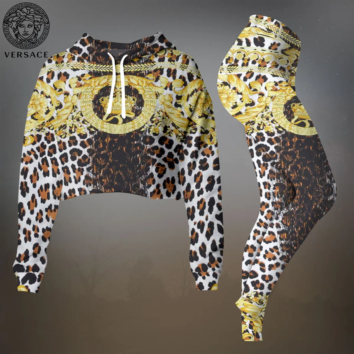 Versace Leopard Premium Cropped Hoodie Leggings Set For Women