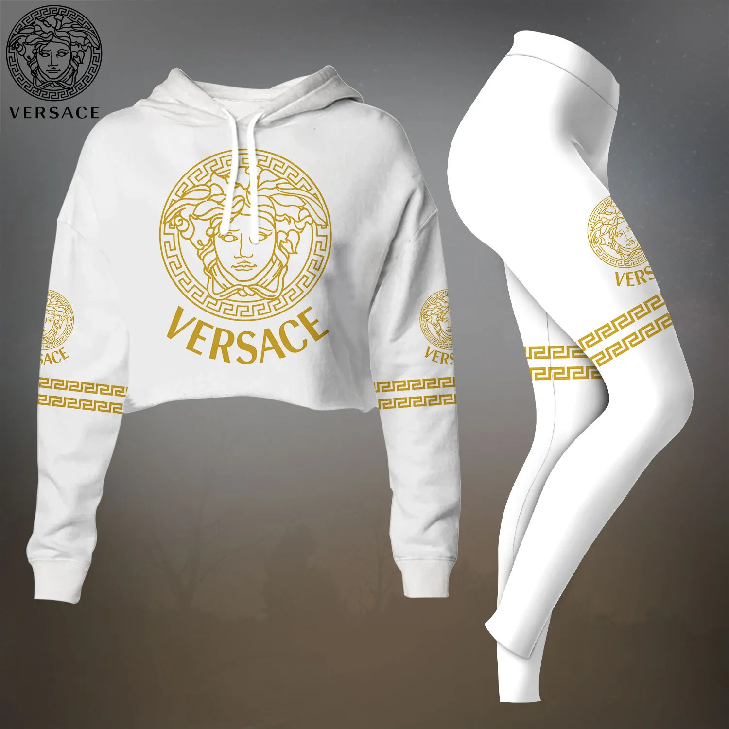Versace Logo Gold Premium Cropped Hoodie Leggings Set For Women