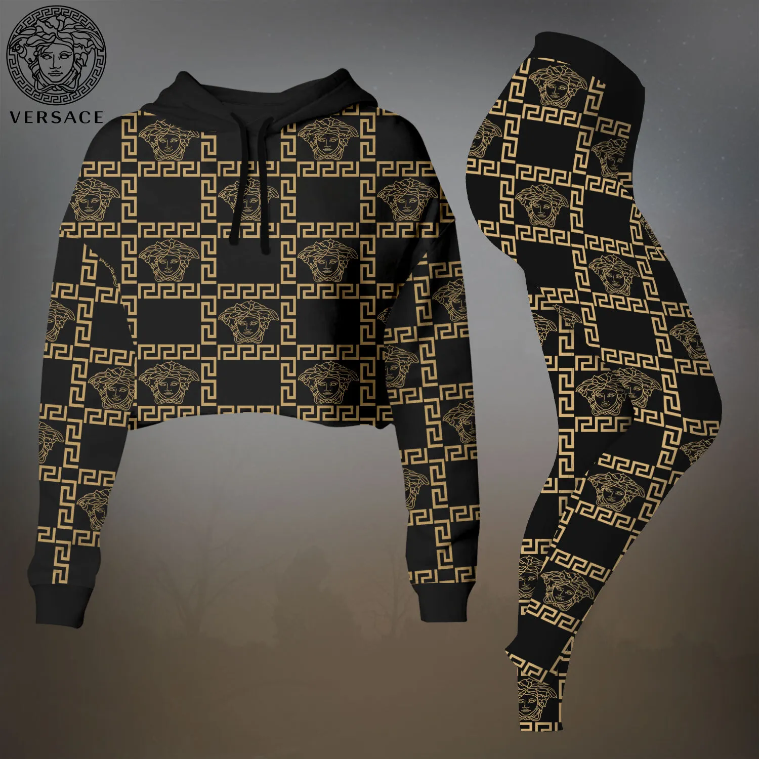 Versace Black Premium Cropped Hoodie Leggings Set For Women