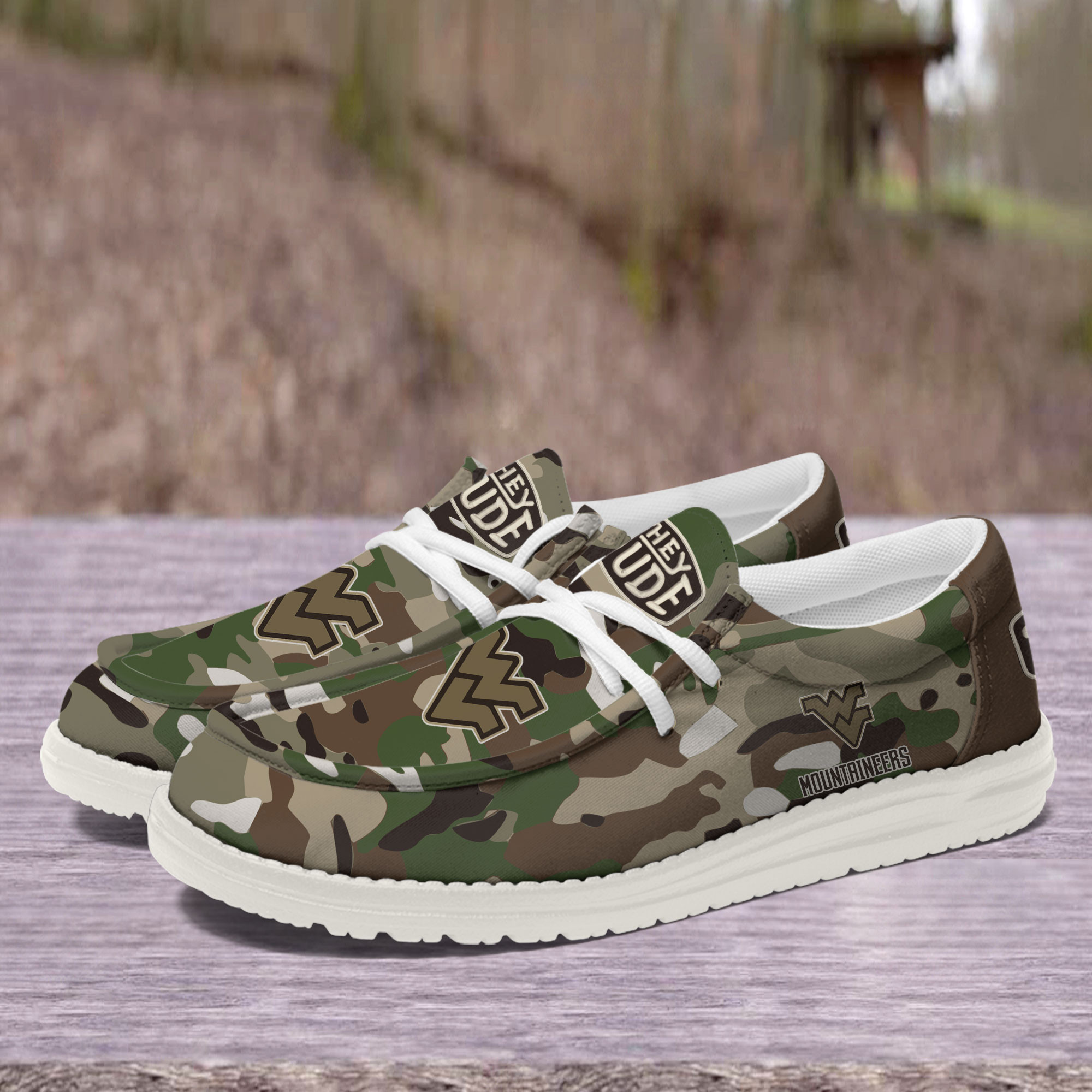 West Virginia Mountaineers Camouflage Football Hey Dude Canvas Loafer Shoes - Image 3