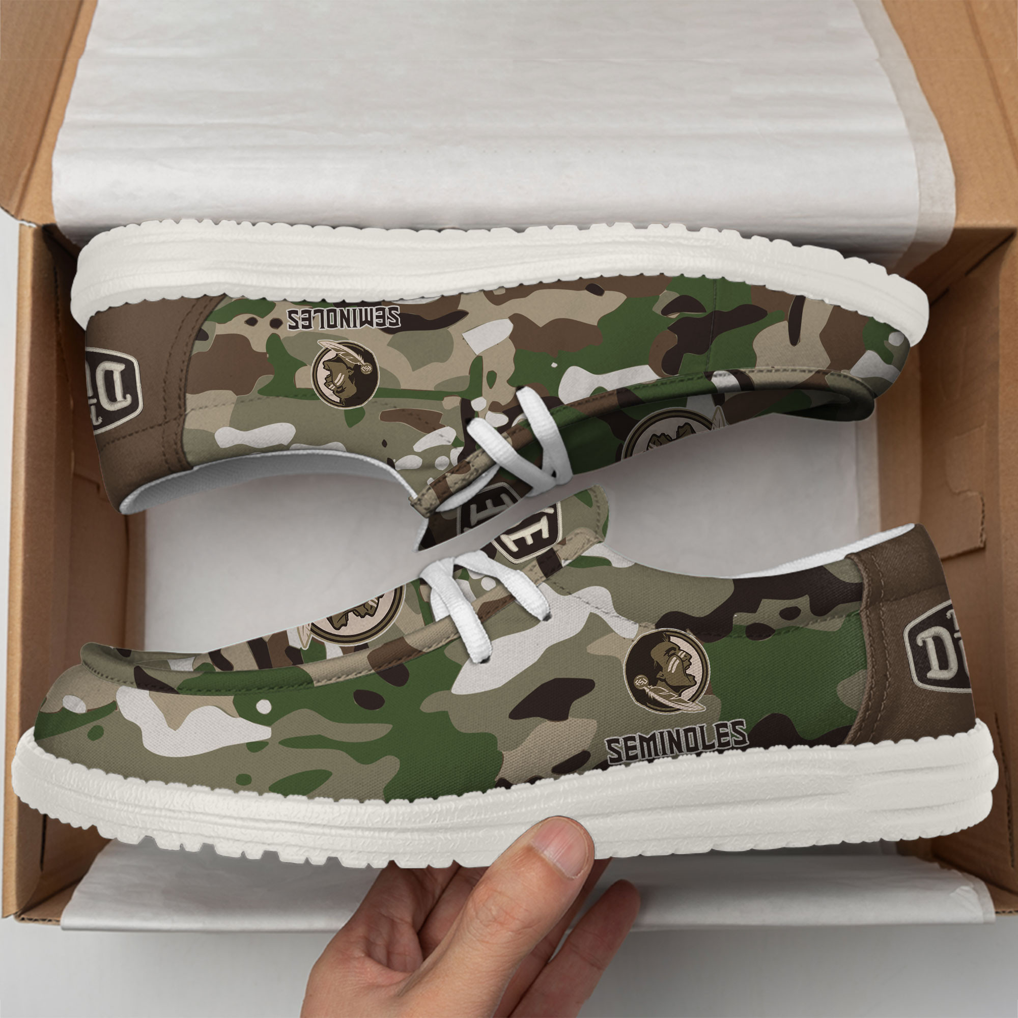 Florida State Seminoles Camouflage Football Hey Dude Canvas Loafer Shoes - Image 2