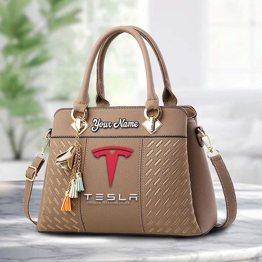 Tesla Motors Logo Personalized PU Leather Handbag Custom Name For Women - Image 2