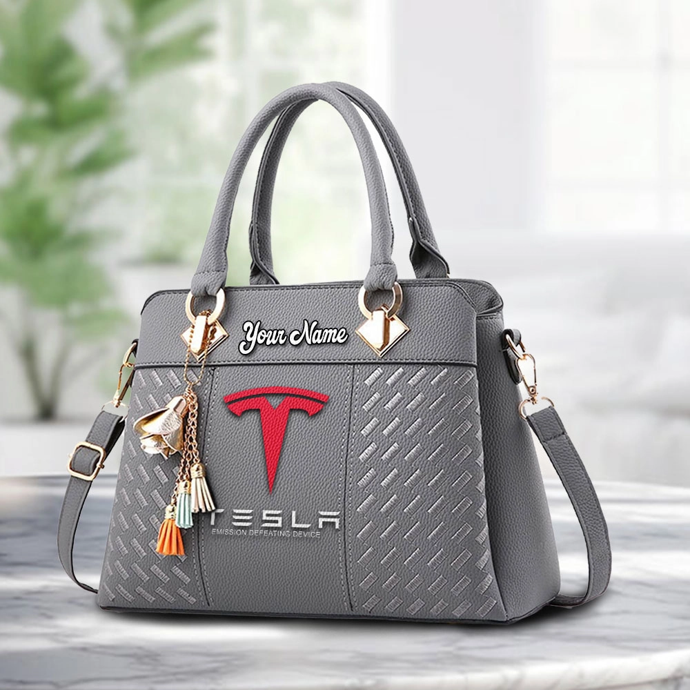 Tesla Motors Logo Personalized PU Leather Handbag Custom Name For Women - Image 3
