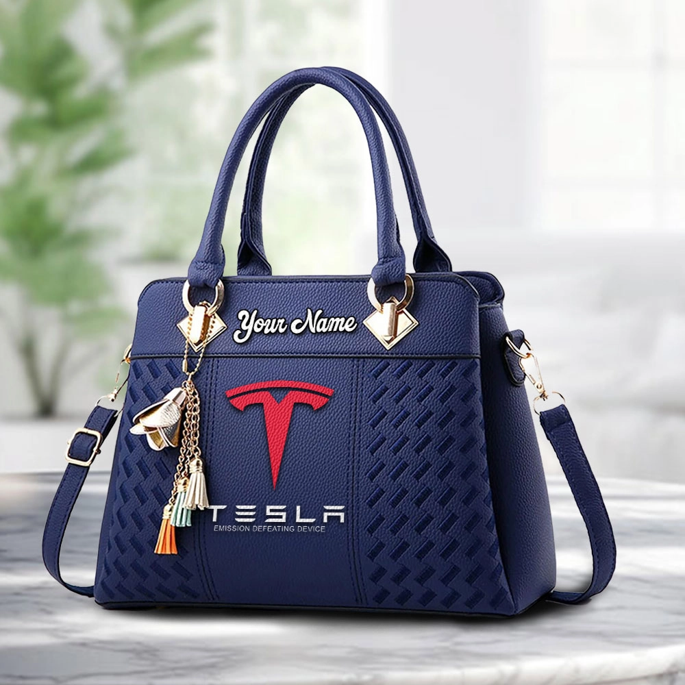 Tesla Motors Logo Personalized PU Leather Handbag Custom Name For Women - Image 4
