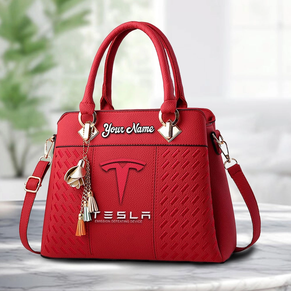 Tesla Motors Logo Personalized PU Leather Handbag Custom Name For Women - Image 6