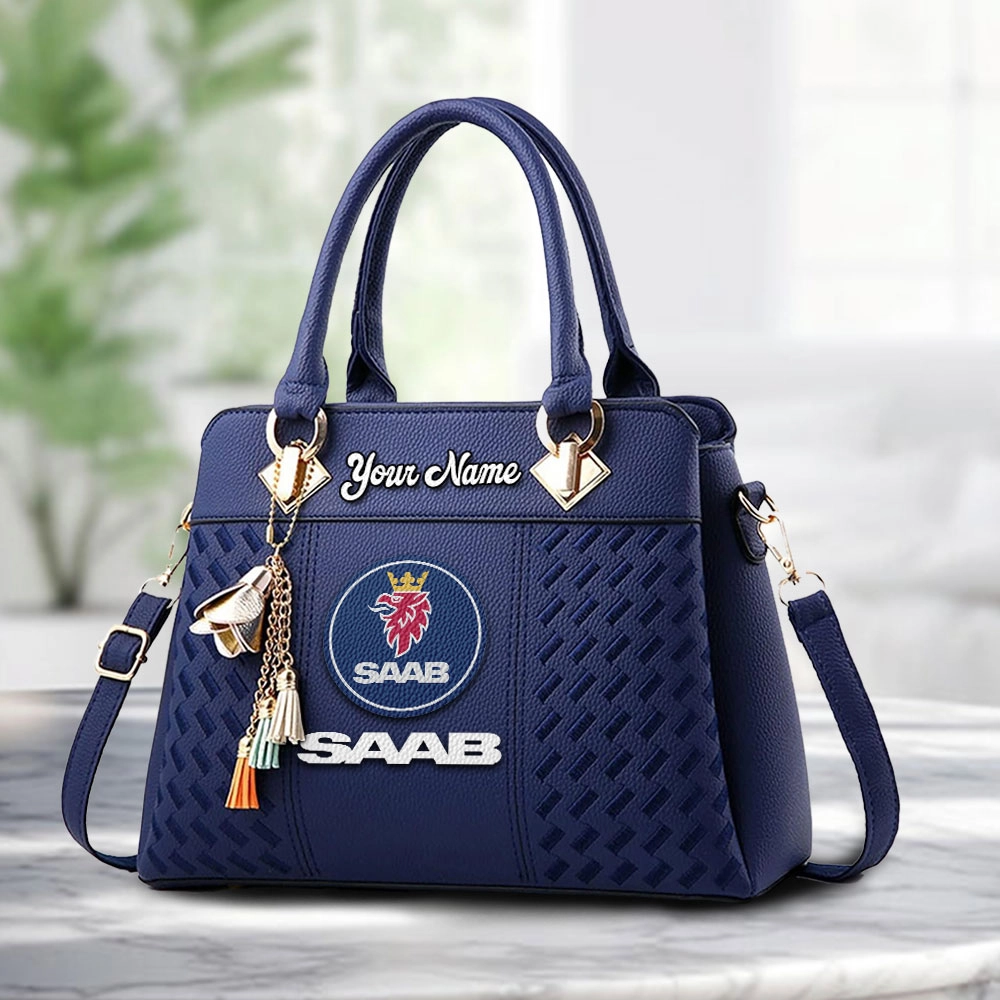 SAAB Logo Personalized PU Leather Handbag Custom Name For Women - Image 4