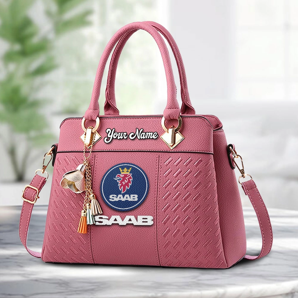 SAAB Logo Personalized PU Leather Handbag Custom Name For Women - Image 5