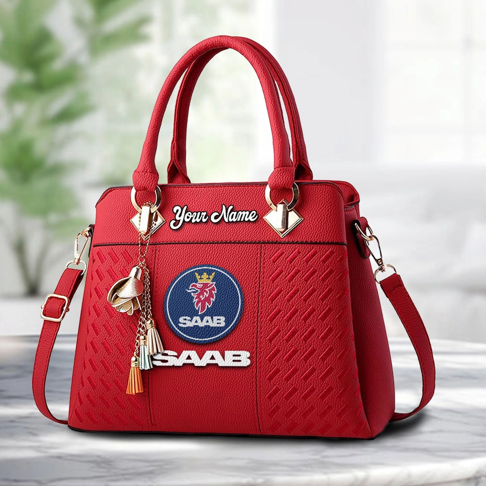 SAAB Logo Personalized PU Leather Handbag Custom Name For Women - Image 6