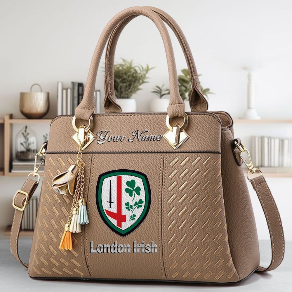 London Irish Logo Crossbody Zip Hand Bag With Tassel Custom Name For Women - Image 3