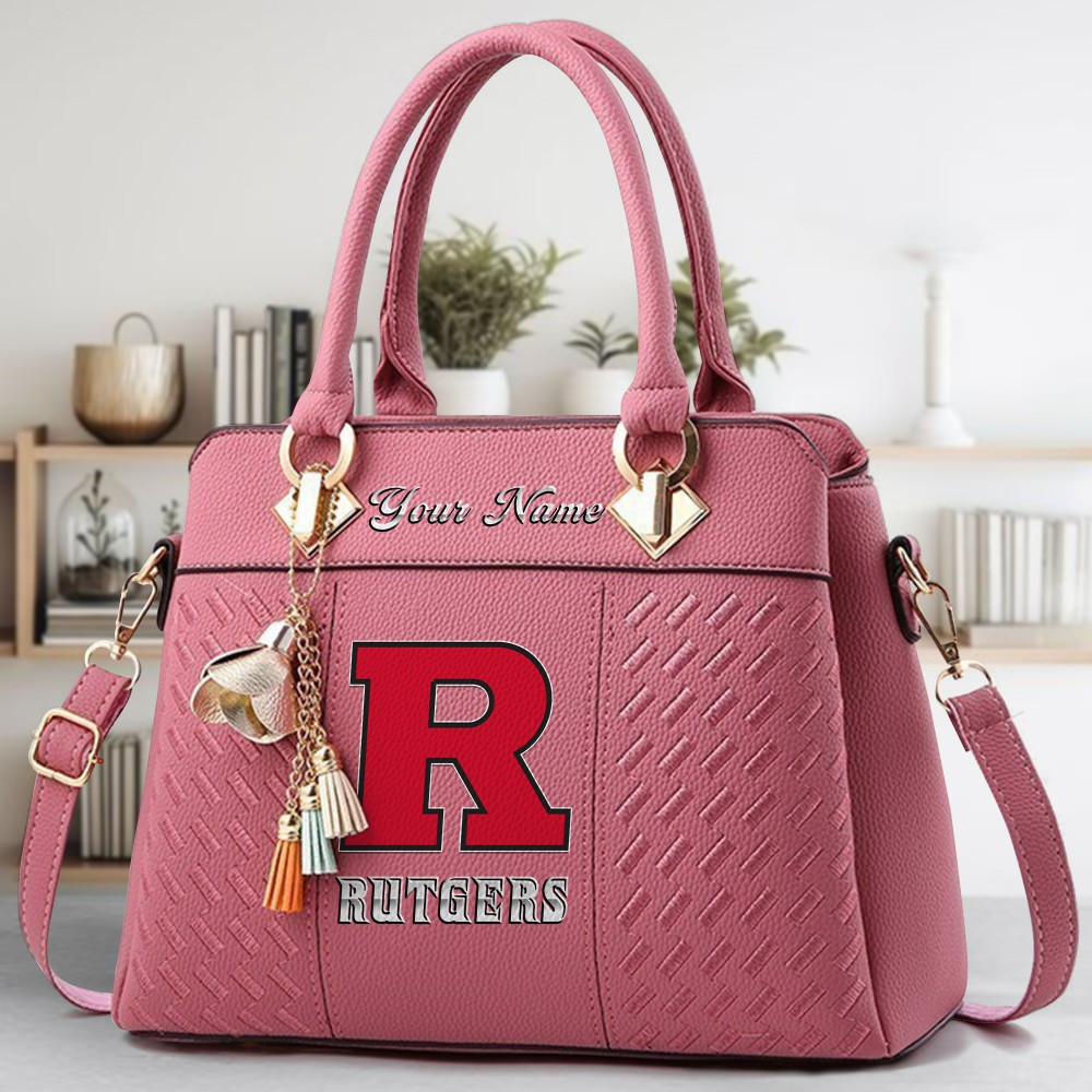 Rutgers Scarlet Knights Logo Crossbody Zip Hand Bag With Tassel Custom Name For Women - Image 5