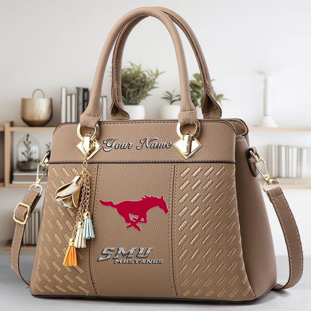 SMU Mustangs Logo Crossbody Zip Hand Bag With Tassel Custom Name For Women - Image 3
