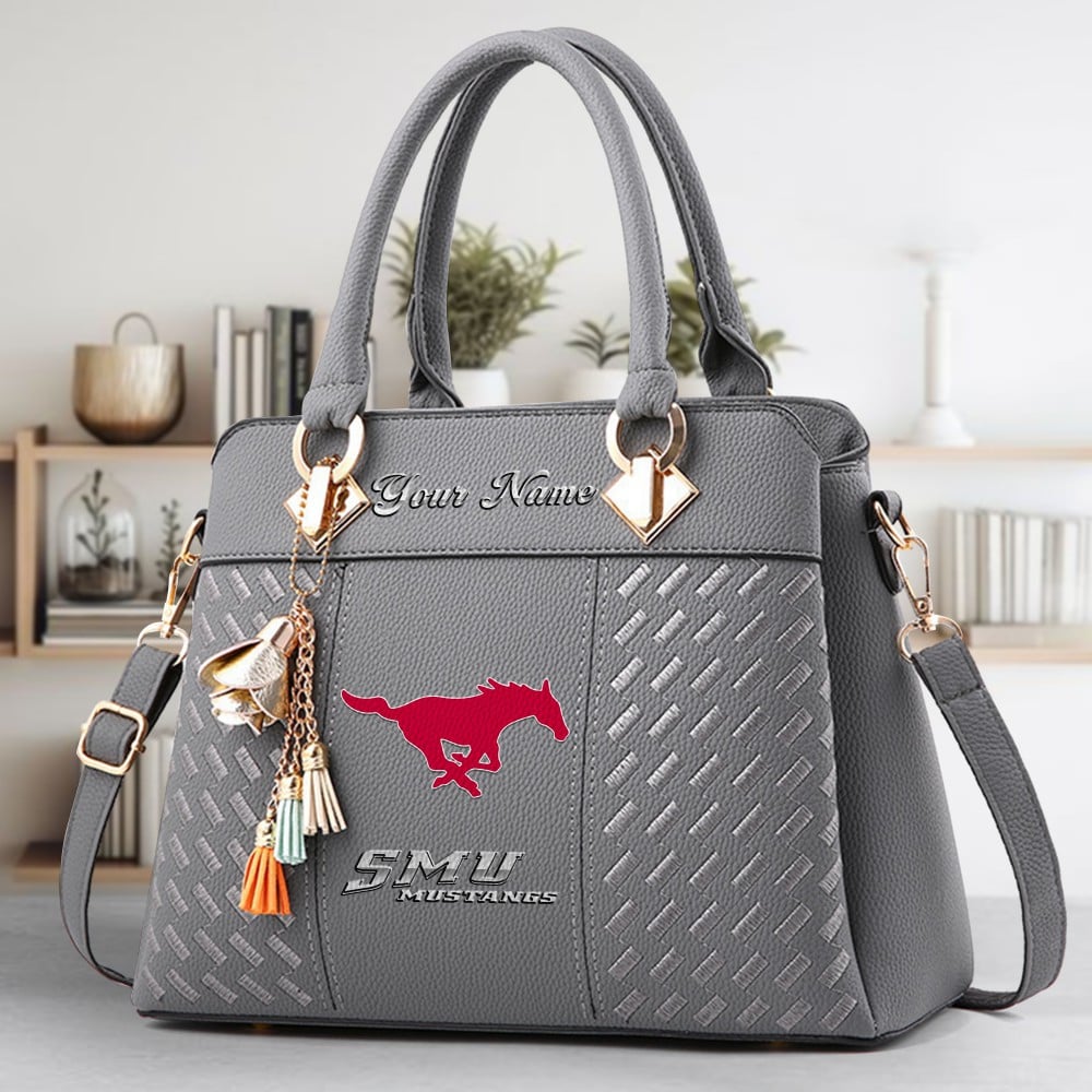 SMU Mustangs Logo Crossbody Zip Hand Bag With Tassel Custom Name For Women - Image 4
