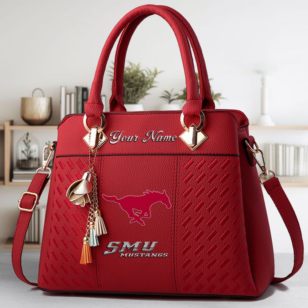 SMU Mustangs Logo Crossbody Zip Hand Bag With Tassel Custom Name For Women - Image 6
