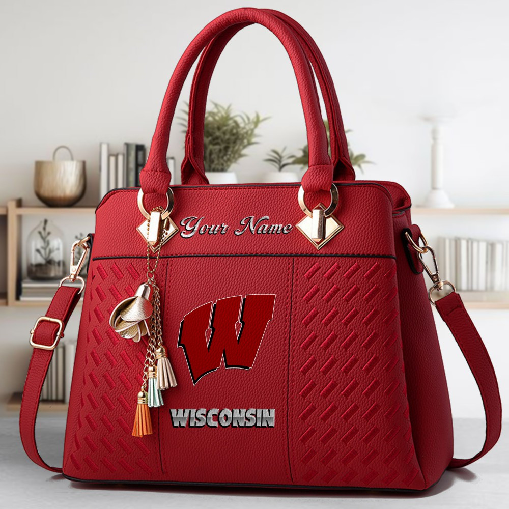 Wisconsin Badgers Logo Crossbody Zip Hand Bag With Tassel Custom Name For Women - Image 6