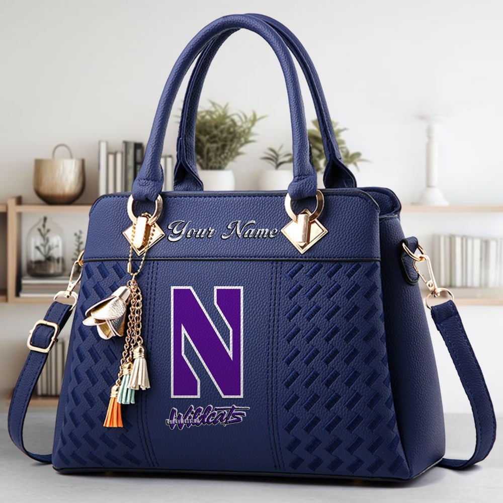 Northwestern Wildcats Football Logo Crossbody Zip Hand Bag With Tassel Custom Name For Women - Image 2