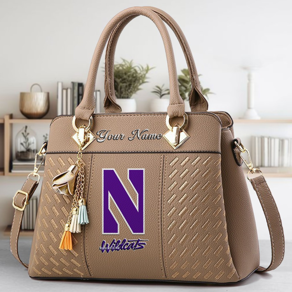 Northwestern Wildcats Football Logo Crossbody Zip Hand Bag With Tassel Custom Name For Women - Image 3