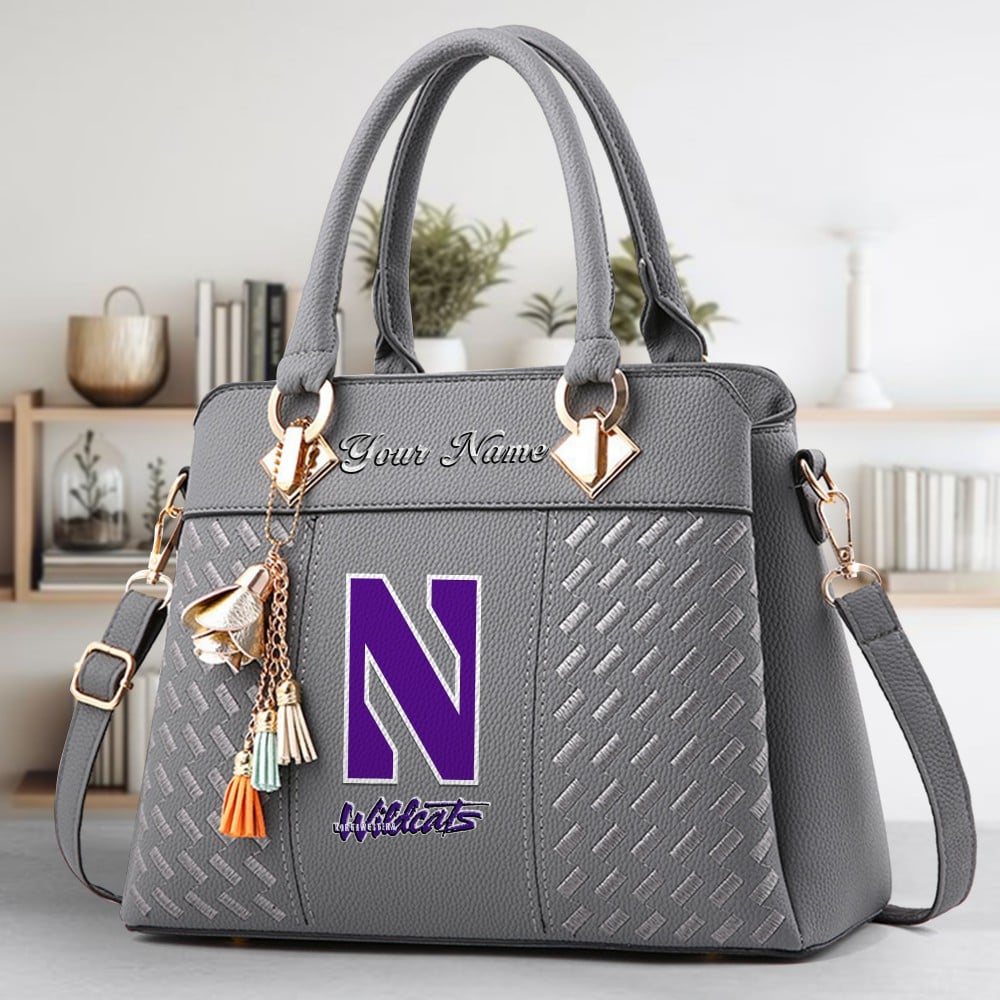 Northwestern Wildcats Football Logo Crossbody Zip Hand Bag With Tassel Custom Name For Women - Image 4