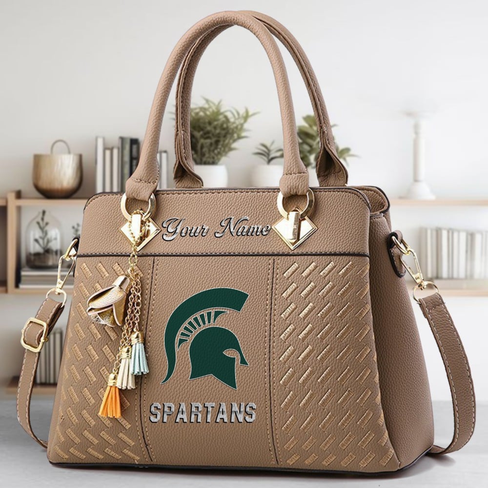 Michigan State Spartans Logo Crossbody Zip Hand Bag With Tassel Custom Name For Women - Image 3