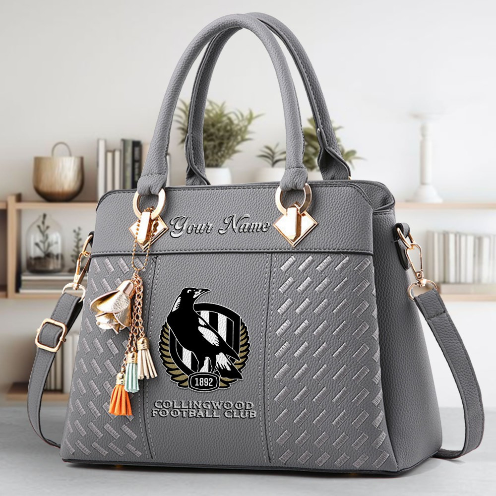 Collingwood Football Club Logo Crossbody Zip Hand Bag With Tassel Custom Name For Women - Image 4