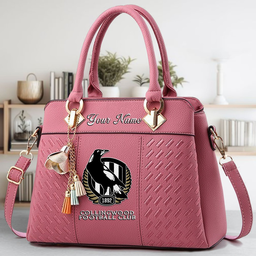 Collingwood Football Club Logo Crossbody Zip Hand Bag With Tassel Custom Name For Women - Image 5