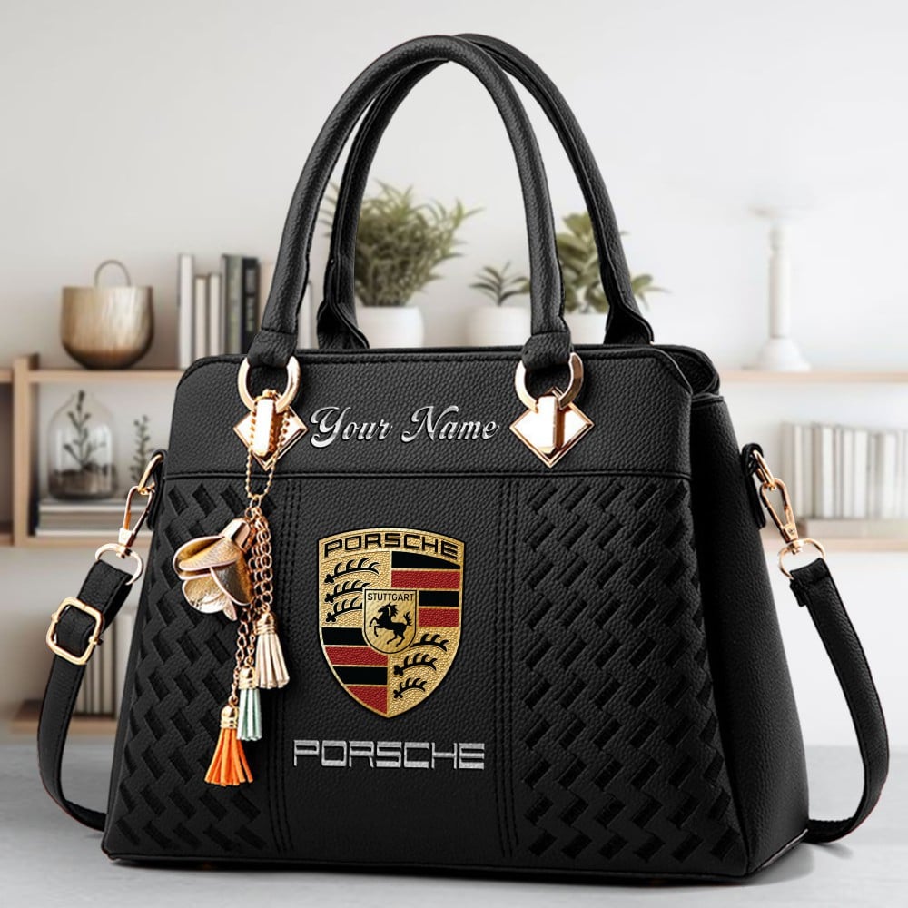 Porsche Logo Crossbody Zip Hand Bag With Tassel Custom Name For Women - Image 2