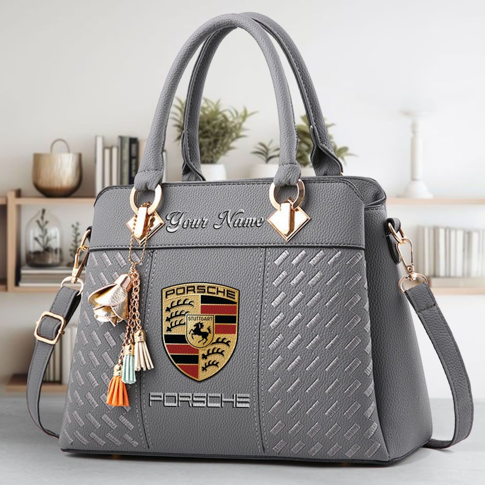 Porsche Logo Crossbody Zip Hand Bag With Tassel Custom Name For Women - Image 4