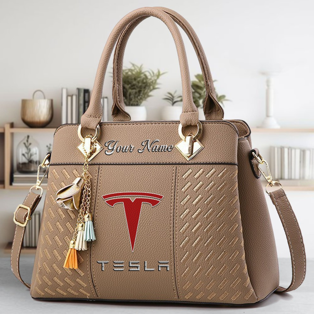 Tesla Logo Crossbody Zip Hand Bag With Tassel Custom Name For Women - Image 3