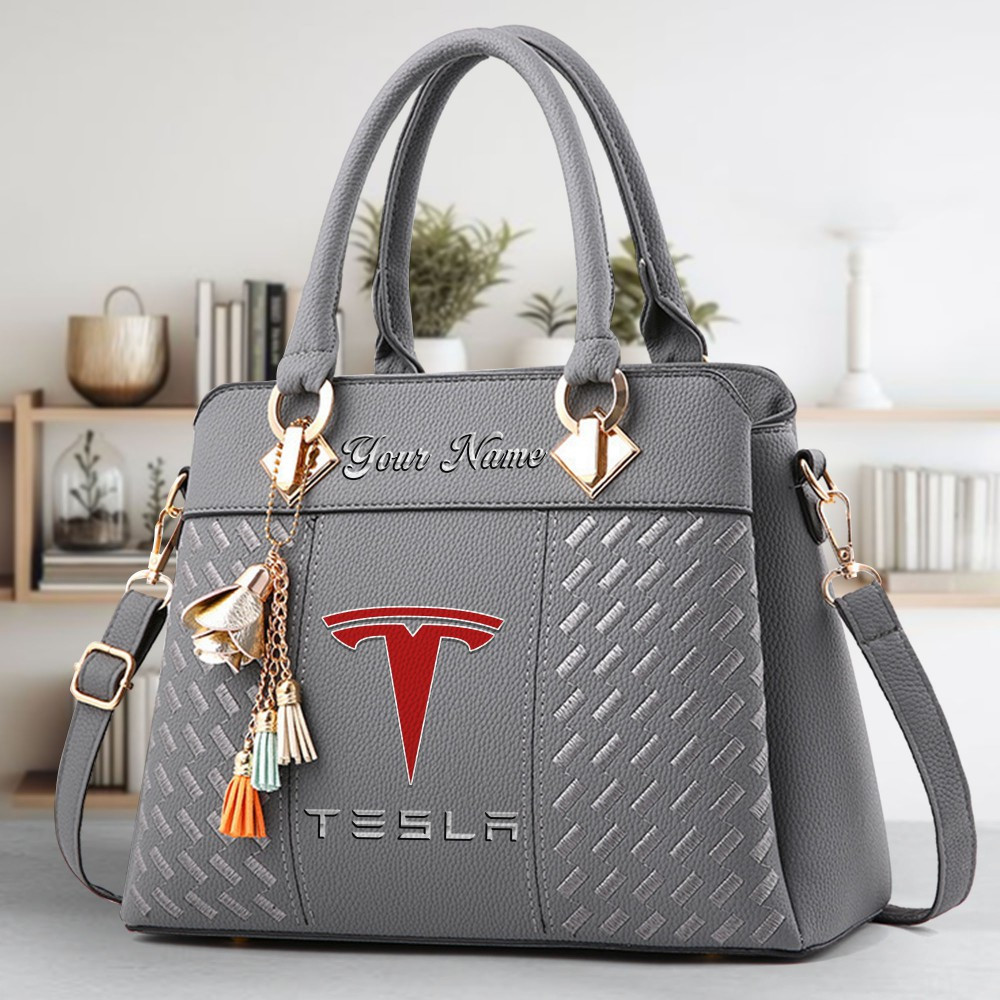 Tesla Logo Crossbody Zip Hand Bag With Tassel Custom Name For Women - Image 4