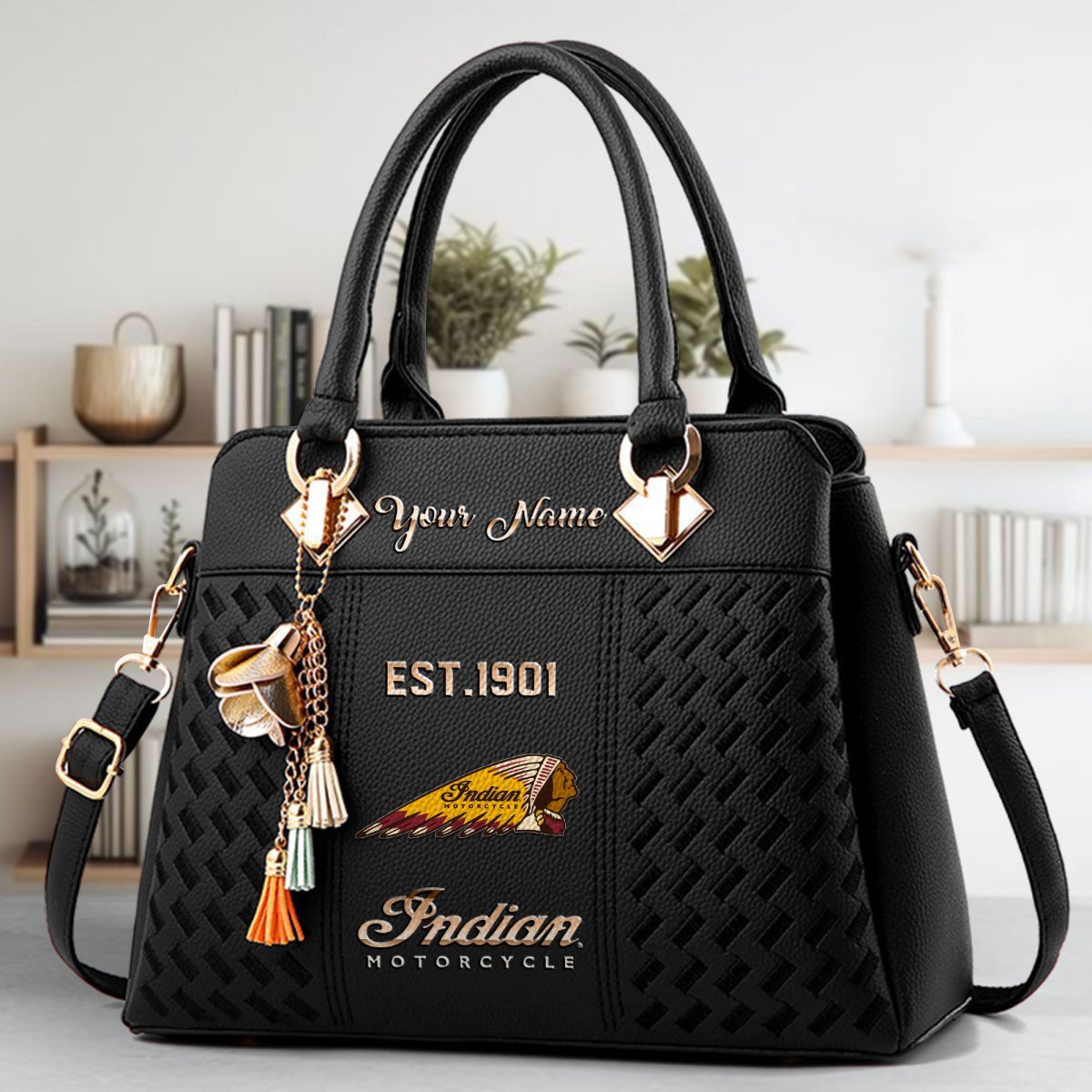 Indian Motorcycle Crossbody Zip Handbag With Tassel Custom Name For Women - Image 2