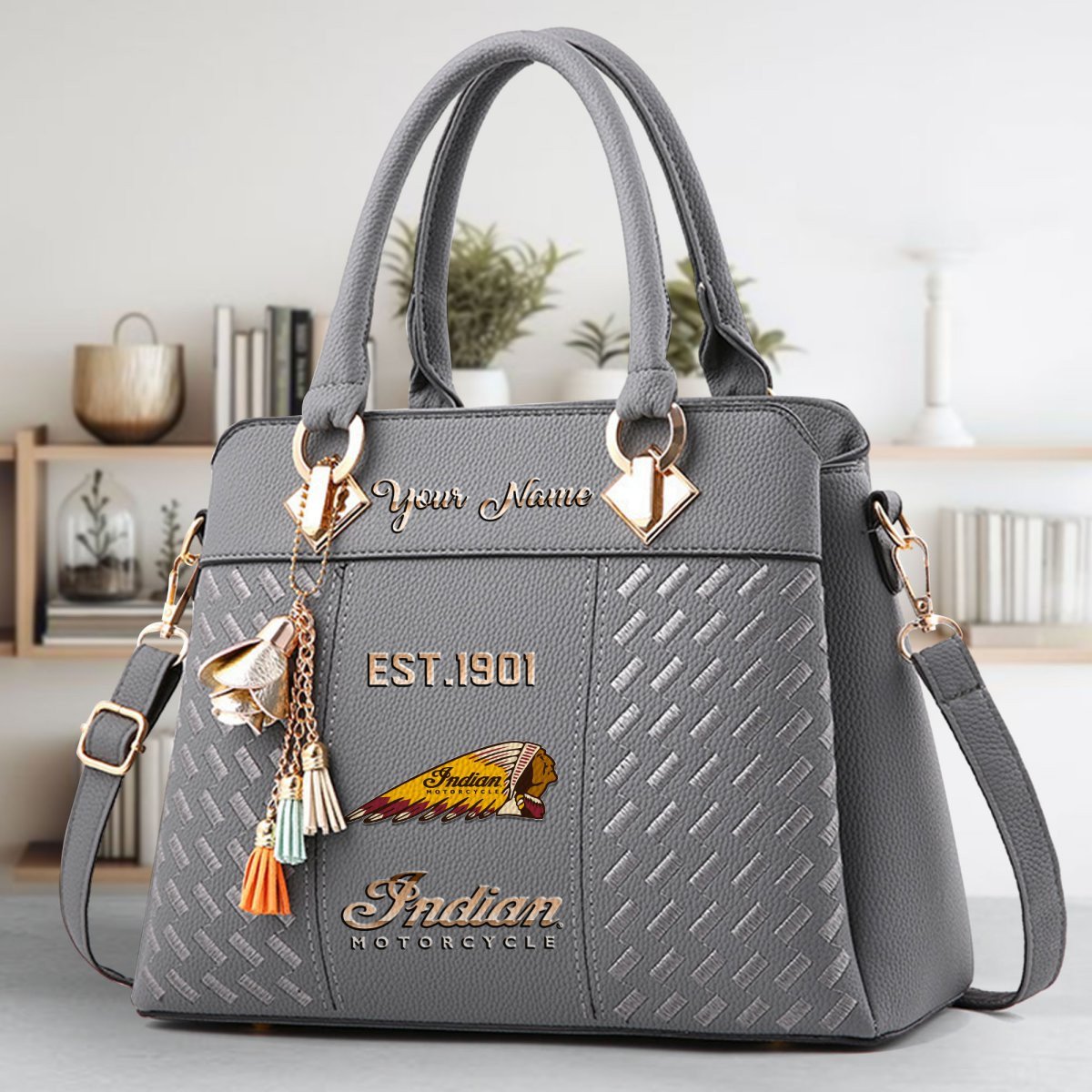 Indian Motorcycle Crossbody Zip Handbag With Tassel Custom Name For Women - Image 5