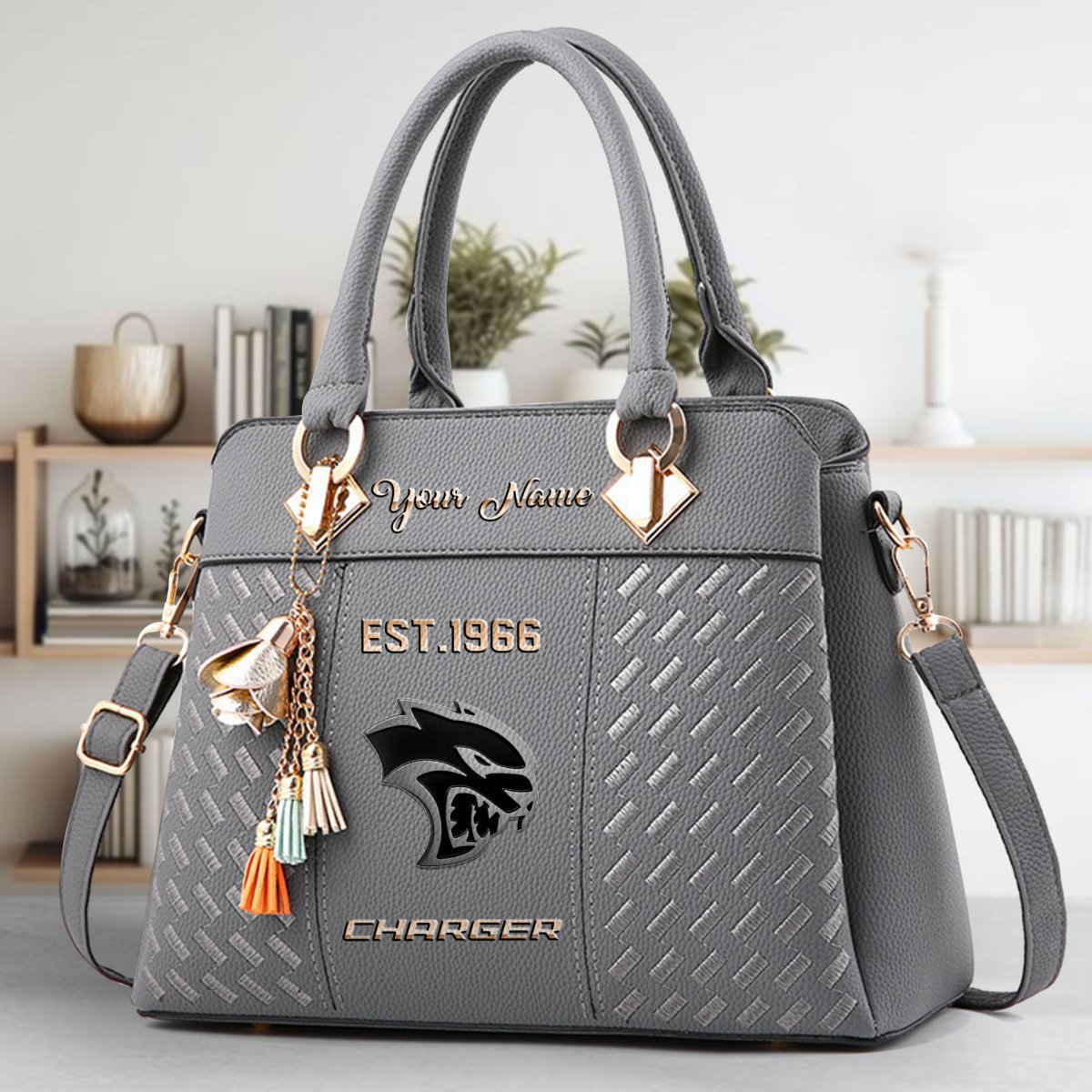 Dodge Charger Crossbody Zip Handbag With Tassel Custom Name For Women - Image 5