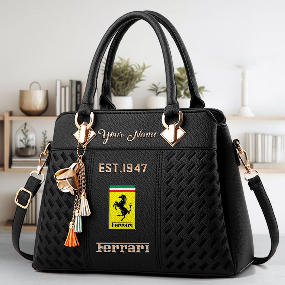 Ferrari Crossbody Zip Handbag With Tassel Custom Name For Women - Image 2