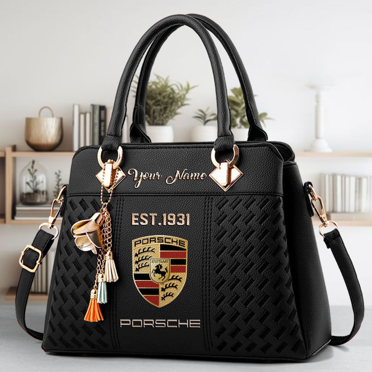 Porsche Crossbody Zip Handbag With Tassel Custom Name For Women - Image 2