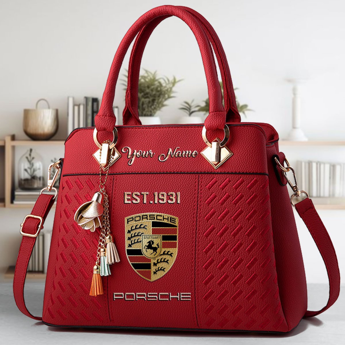 Porsche Crossbody Zip Handbag With Tassel Custom Name For Women - Image 3