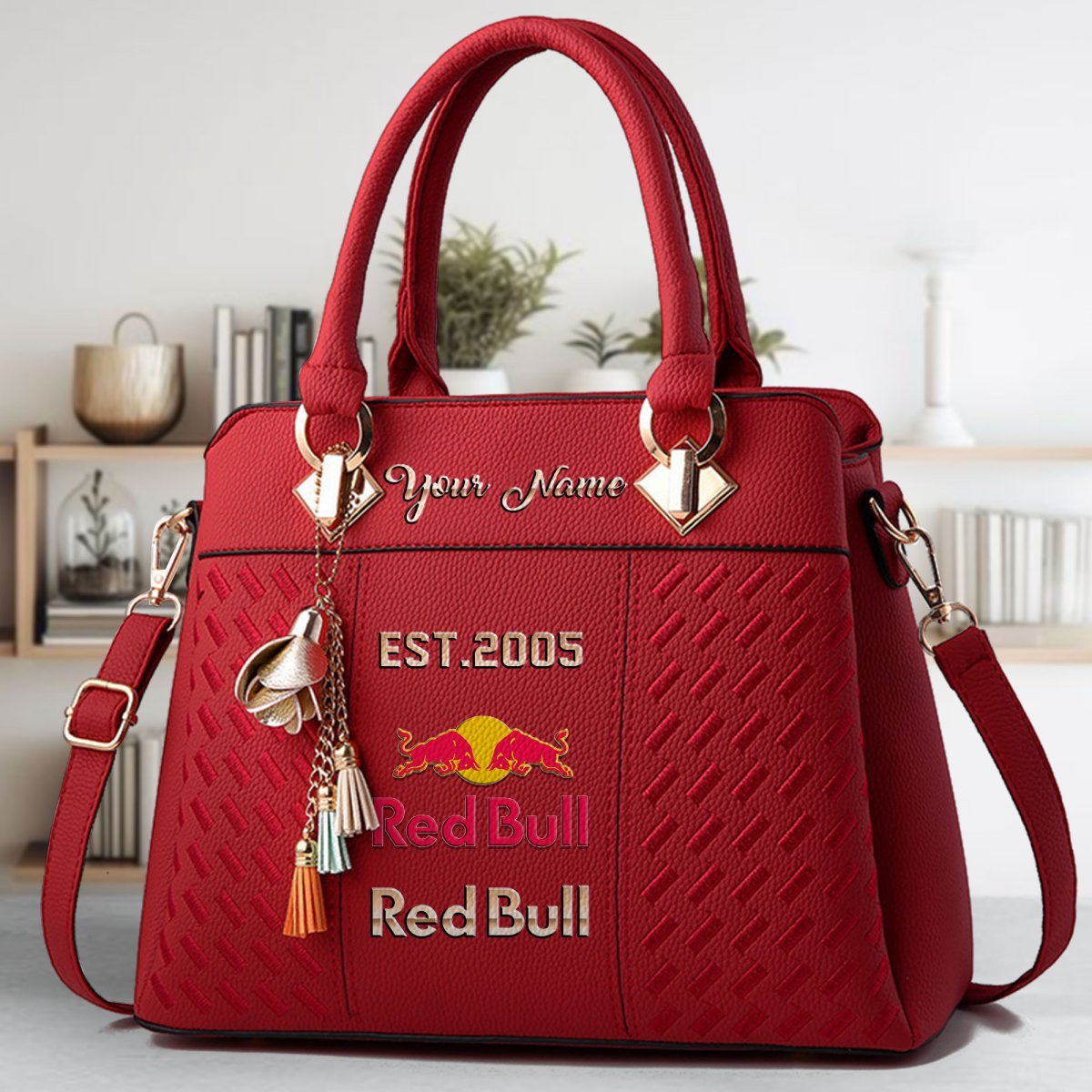 Red Bull Crossbody Zip Handbag With Tassel Custom Name For Women - Image 2