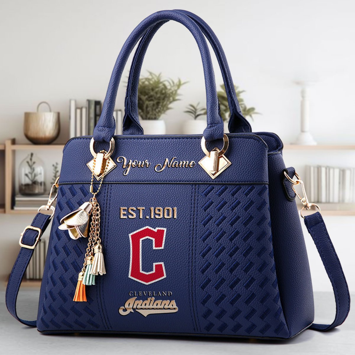 Cleveland Indians Crossbody Zip Handbag With Tassel Custom Name For Women - Image 3