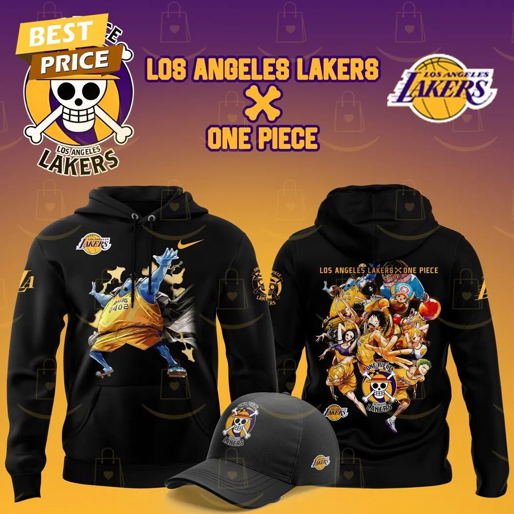 Los Angeles Lakers X Jinbe One Piece The Straw Hat Pirates Hoodie Black (No Hat) - Image 2