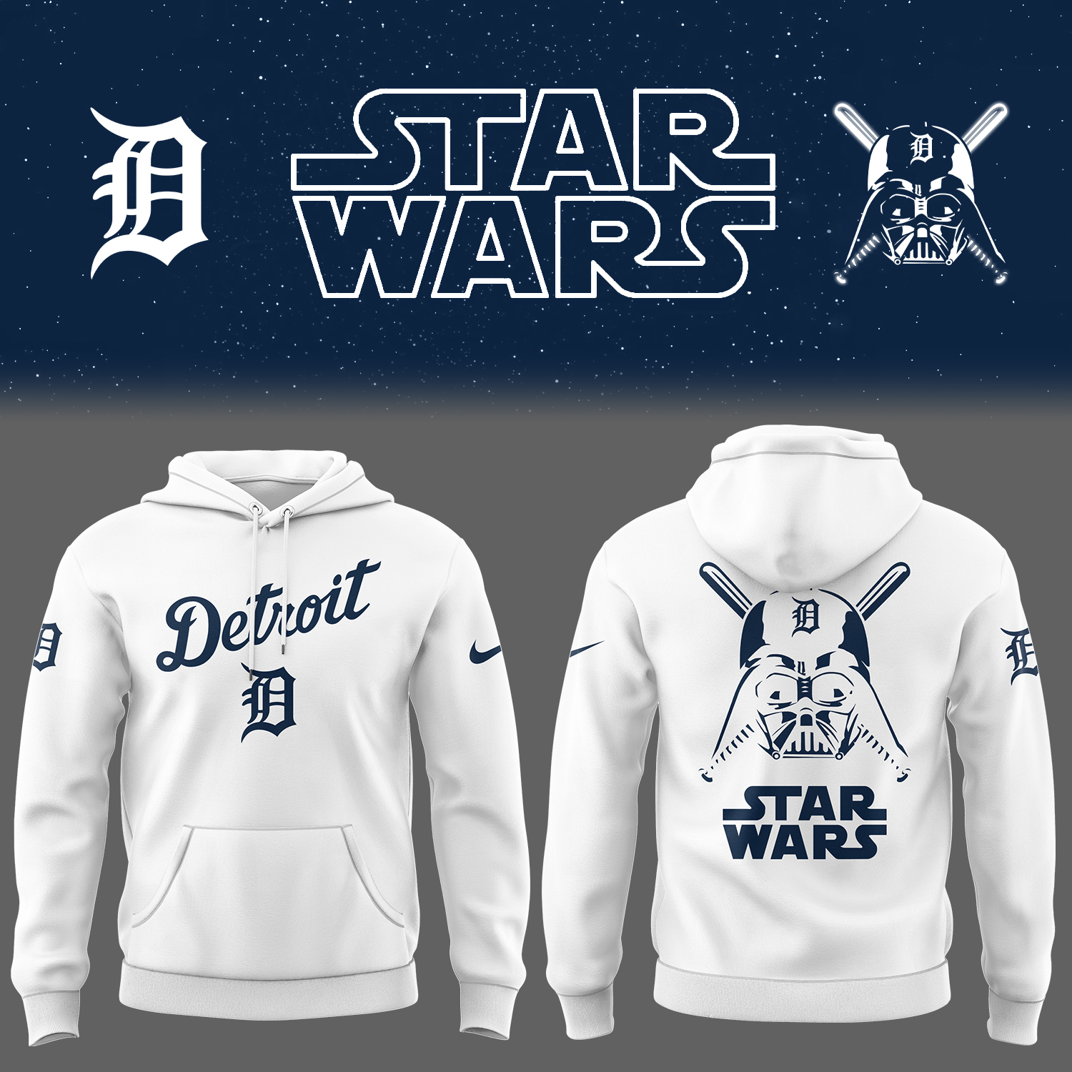 Tigers Baseball Tigers x Star Wars 2025 White Hoodie Gifts For Baseball Fans - Image 2