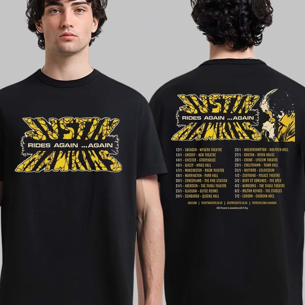 Justin Hawkins Rides Again Again Tour 2026 Schedule Tour Dates Two Sided Shirt